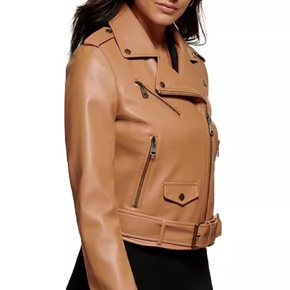 Motorcycles jacket edgy style faux leather zipper jacket camel brown color new - Picture 3 of 12